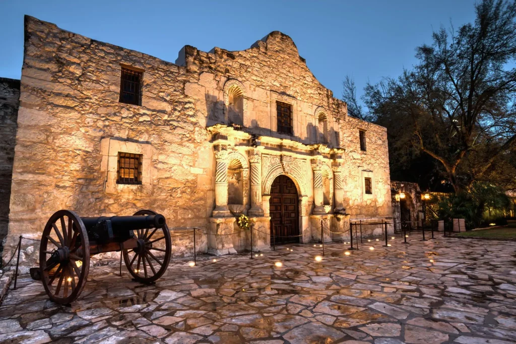 A high dynamic range image of the Alamo in Texas at twilight