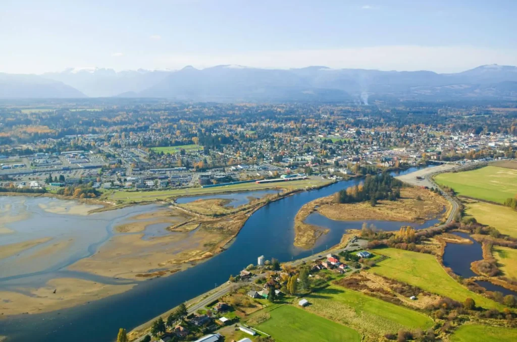 An aerial view of Comox Estuary Puntledge River and city of Courtenay Comox Valley Vancouver Island British Columbia Canada