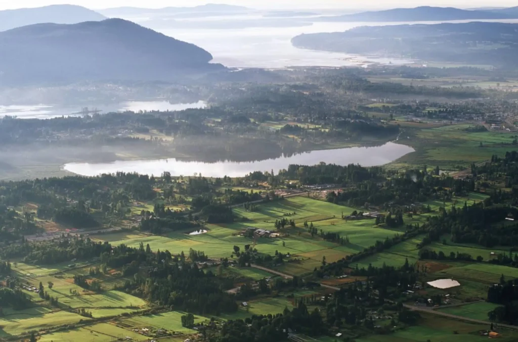 view of Cowichan Valley from Mt Prevost, Vancouver Island, British Columbia, Canada.