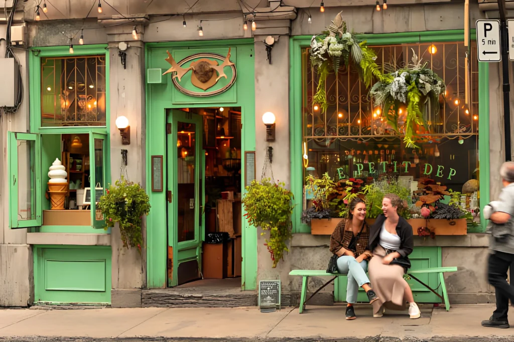 Two women laugh on a bench in front of a traditional cafe restaurant in the Old Town Montreal