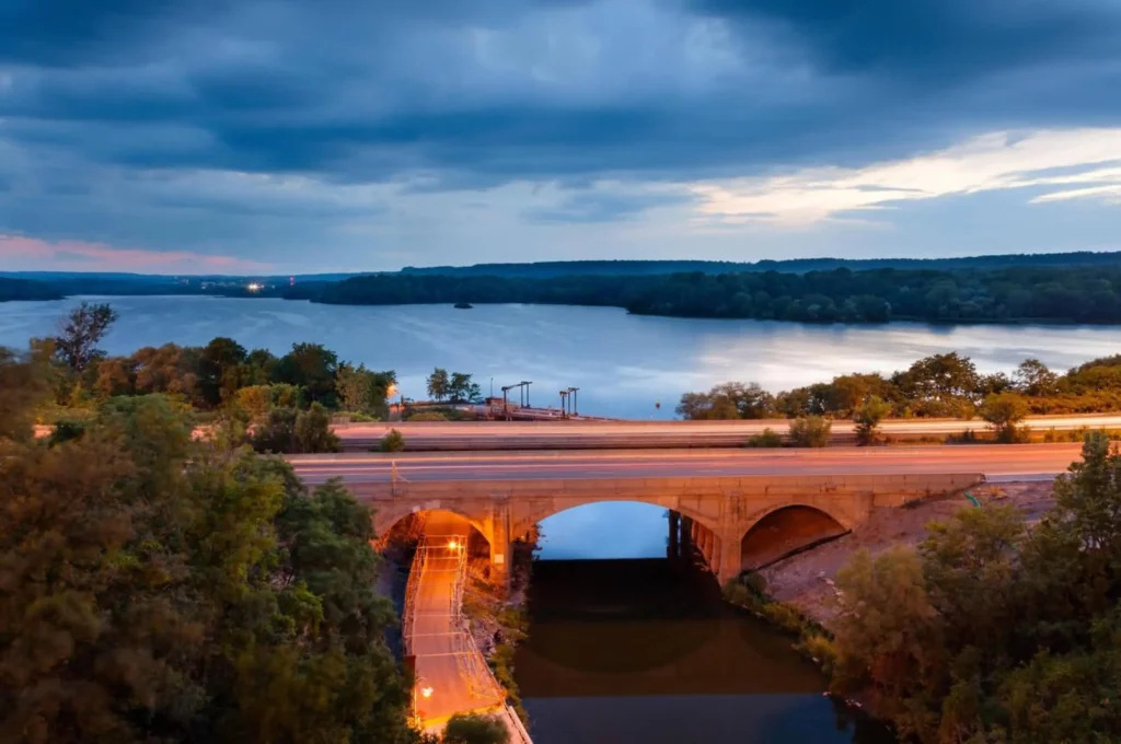 Cootes Paradise (a bay in Lake Ontario) and Highway 403 at sunset in Hamilton, Ontario, Canada.