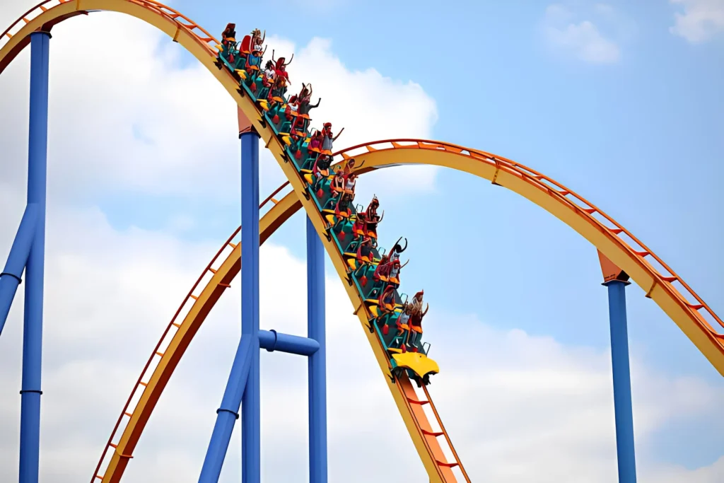 People riding the Behemoth rollercoaster at Canada's Wonderland amusement park