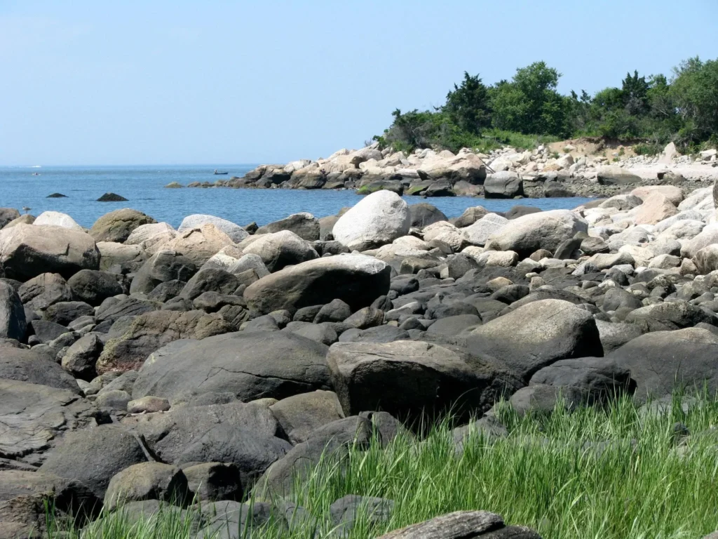 Coast of Hammonasset Beach State Park in Madison. Connecticut. Rocky shoreline