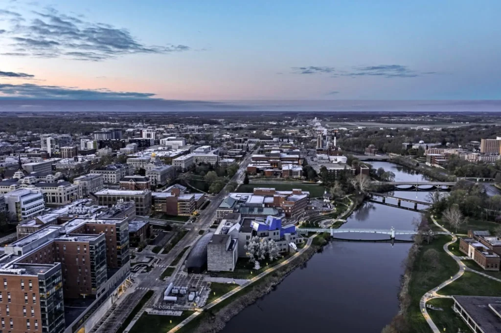 Aerial view of University of Iowa in Iowa City at Sunrise