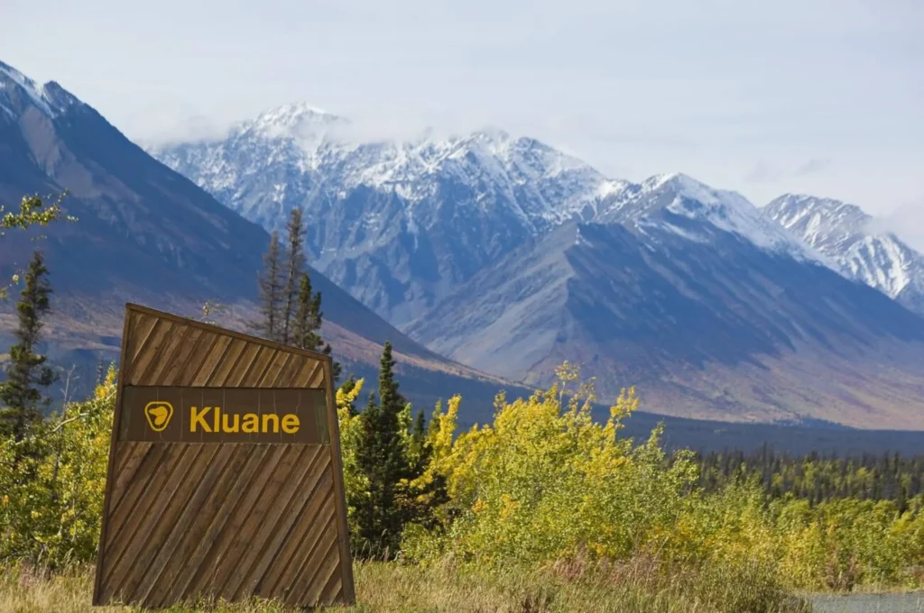 Entry sign of Kluane National Park and Reserve along Haines Road near Kathleen Lake