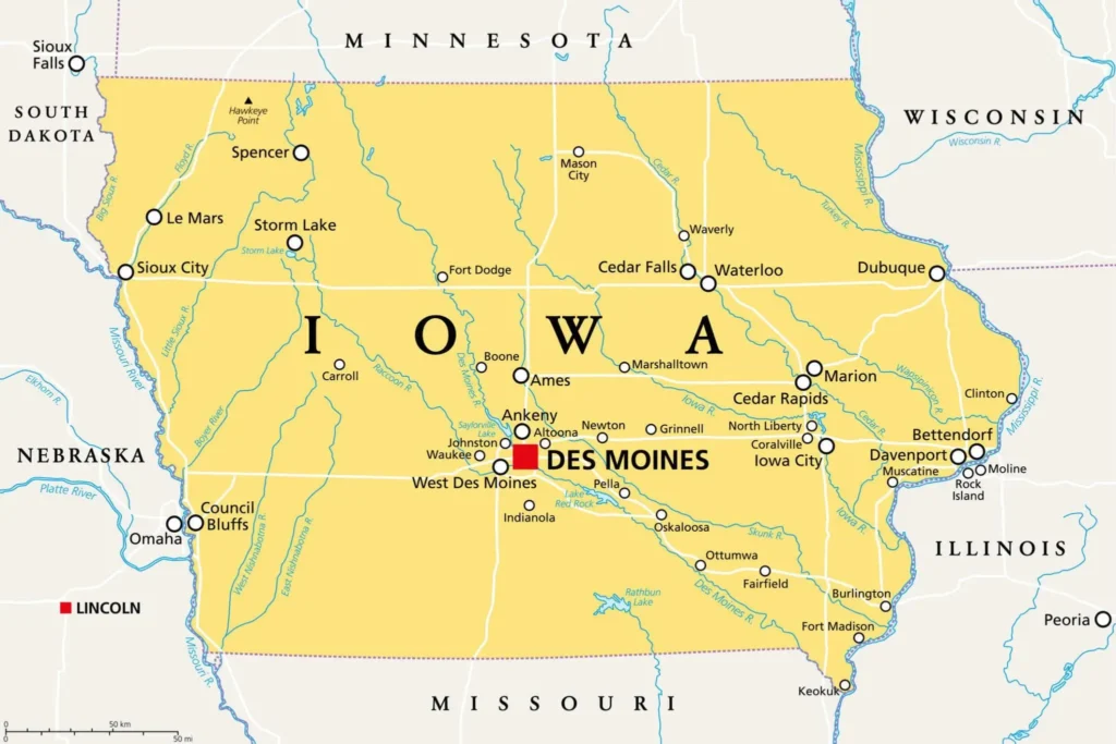 Iowa, IA, political map, US state,