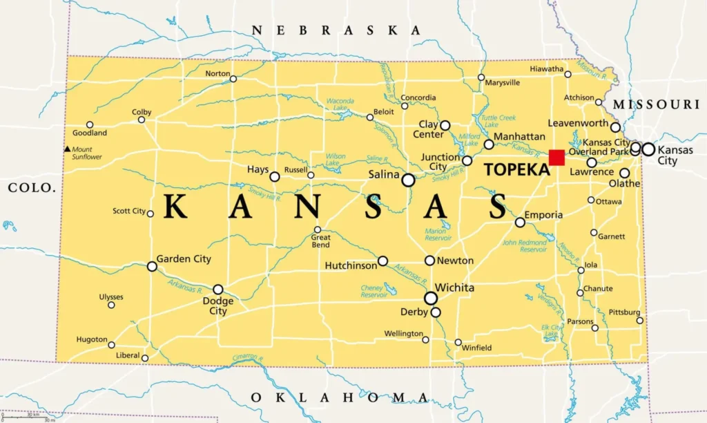 Kansas, KS, political map, US state