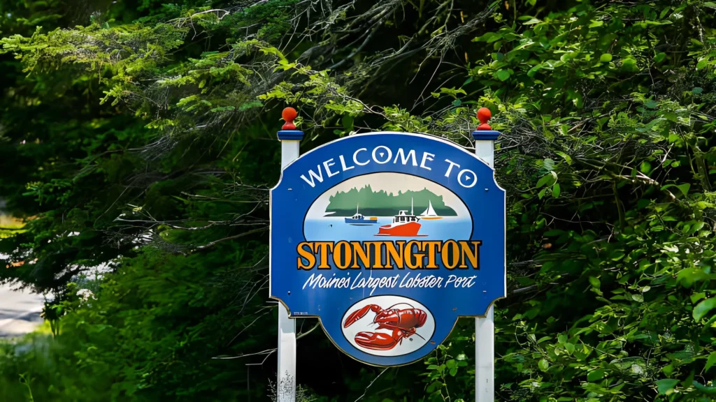 Stonington road sign in summer landscape near road