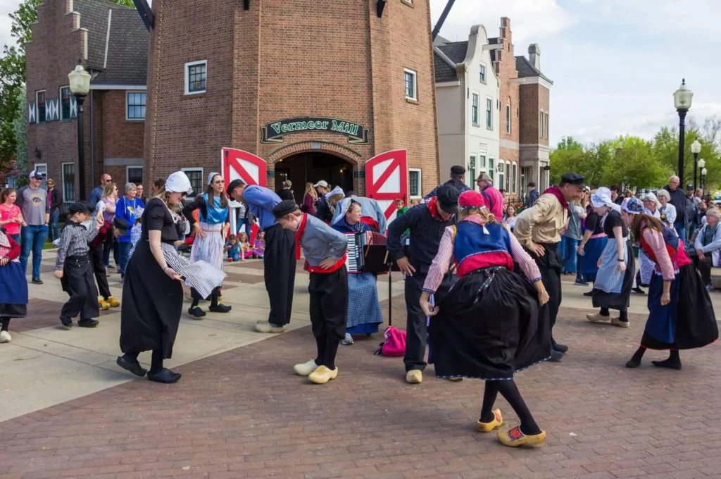 Pella, Iowa, USA. Folk dance in national dutch costume during the Tulip Time Festival