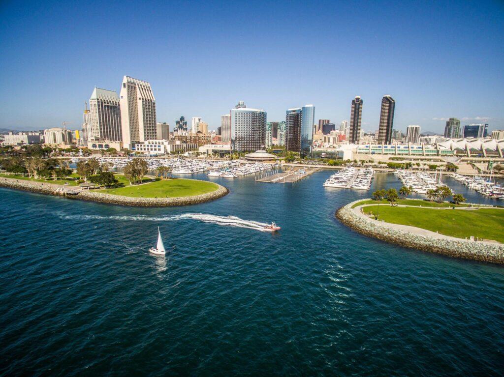 Aerial view of boats and downtown San Diego USA