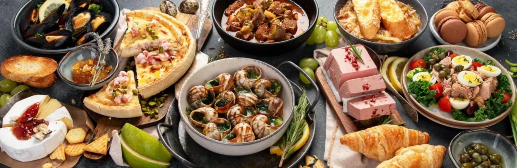 Traditional french food -mussel and meat dishes, ratatouille, snails, croissants, desserts, fresh pastries and cheese