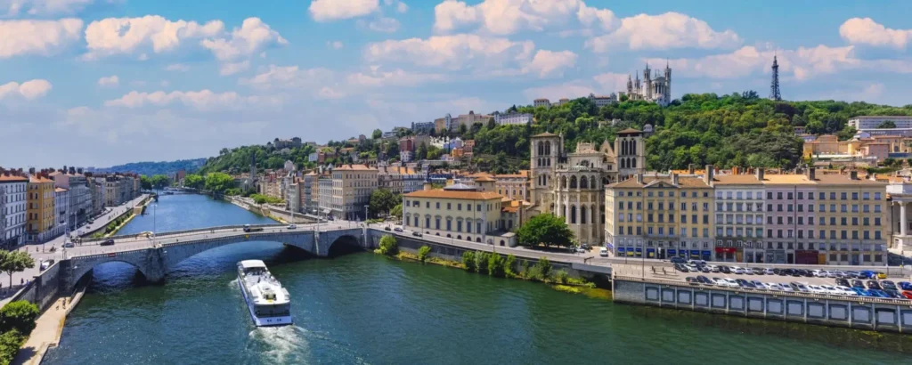 Aerial view of Lyon with Saone river in France