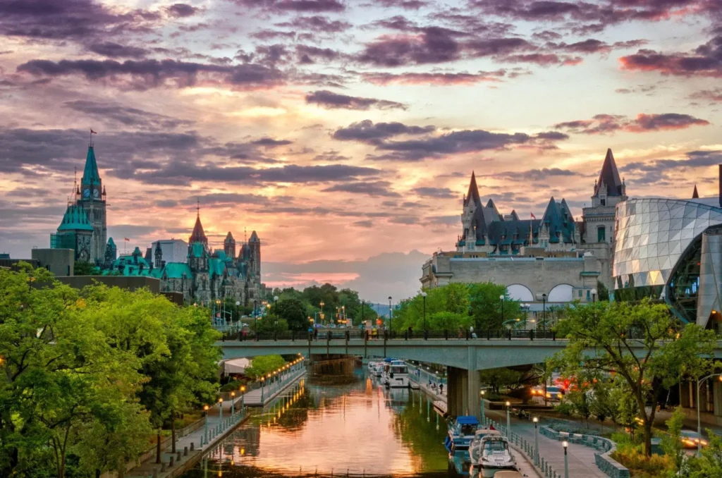Rideau Canal (UNESCO) at Sunset with Chateau Laurier in background