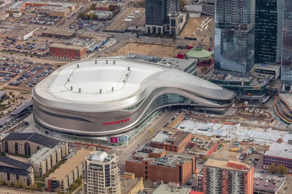 Aerial view close-up of the multipurpose arena in Edmonton; Edmonton, Alberta, Canada