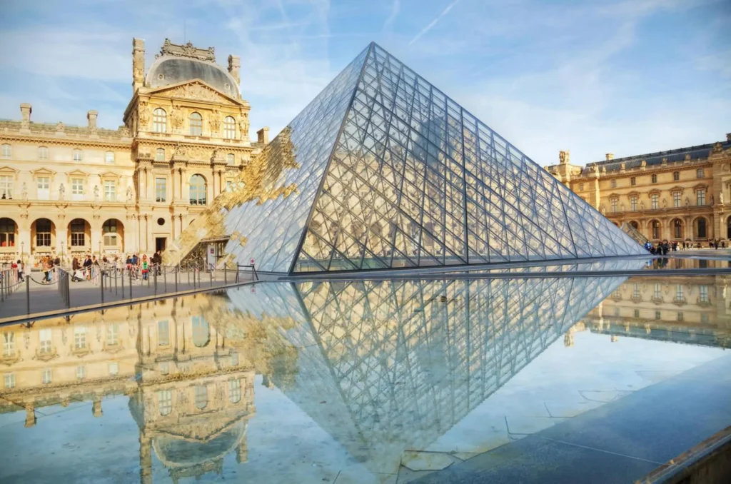 The Louvre Pyramid in Paris, France. It serves as the main entrance to the Louvre Museum.