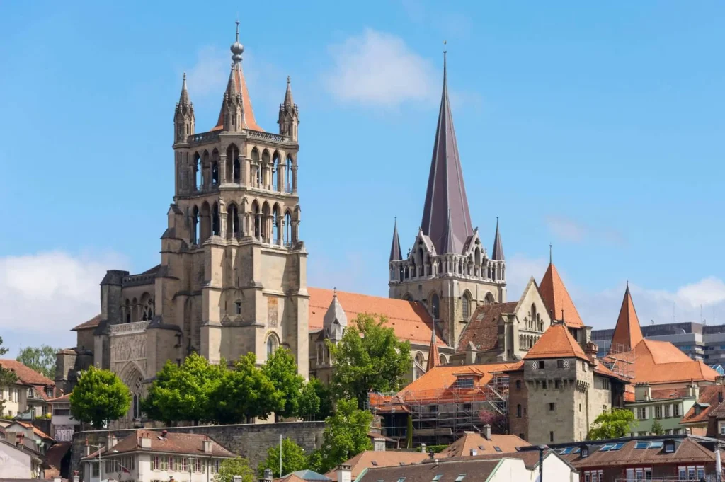 View of Notre Dame Cathedral and old town, Place de la Cathédrale
