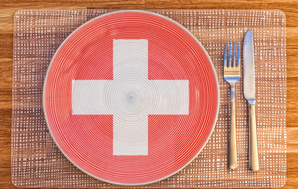 Dinner plate with the flag of Switzerland on it for your international food and drink concepts