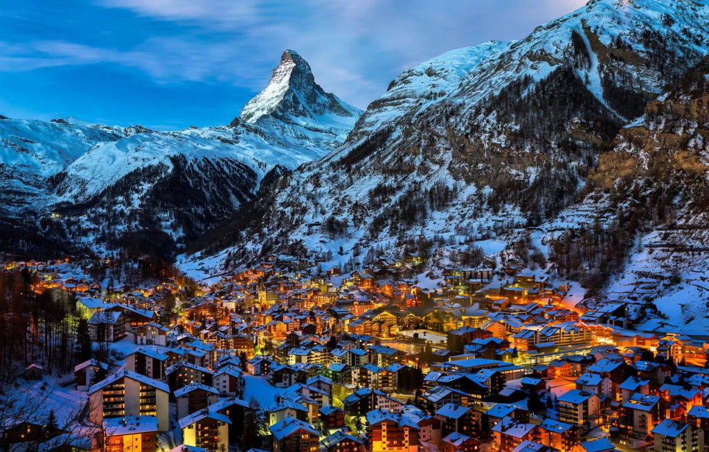 Aerial View on Zermatt Valley and Matterhorn Peak at Dawn, Switzerland